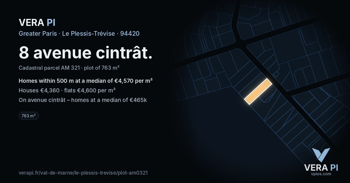 8 avenue cintrât, Le Plessis-Trévise at night – the plot lit, the parcels around coloured by the prices near them