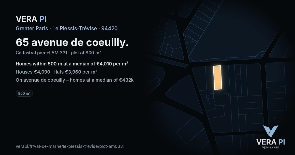 65 avenue de coeuilly, Le Plessis-Trévise at night – the plot lit, the parcels around coloured by the prices near them