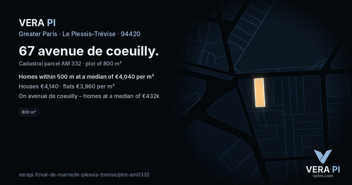 67 avenue de coeuilly, Le Plessis-Trévise at night – the plot lit, the parcels around coloured by the prices near them