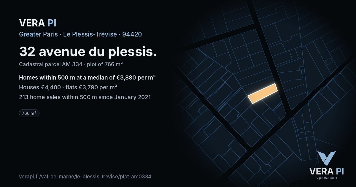 32 avenue du plessis, Le Plessis-Trévise at night – the plot lit, the parcels around coloured by the prices near them