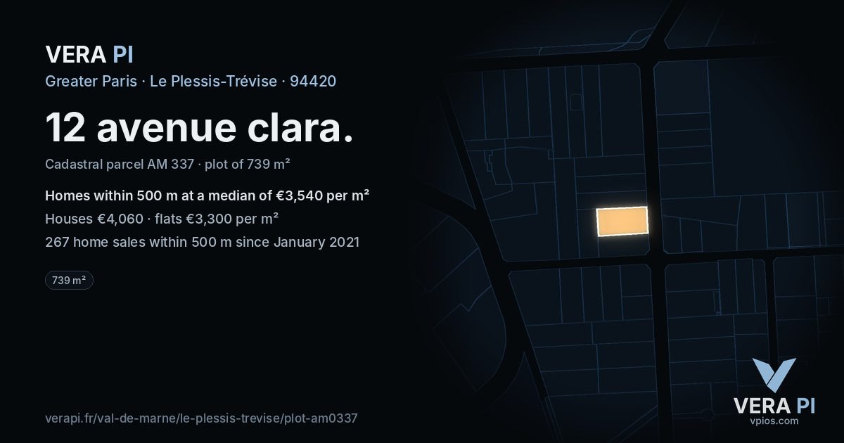 12 avenue clara, Le Plessis-Trévise at night – the plot lit, the parcels around coloured by the prices near them