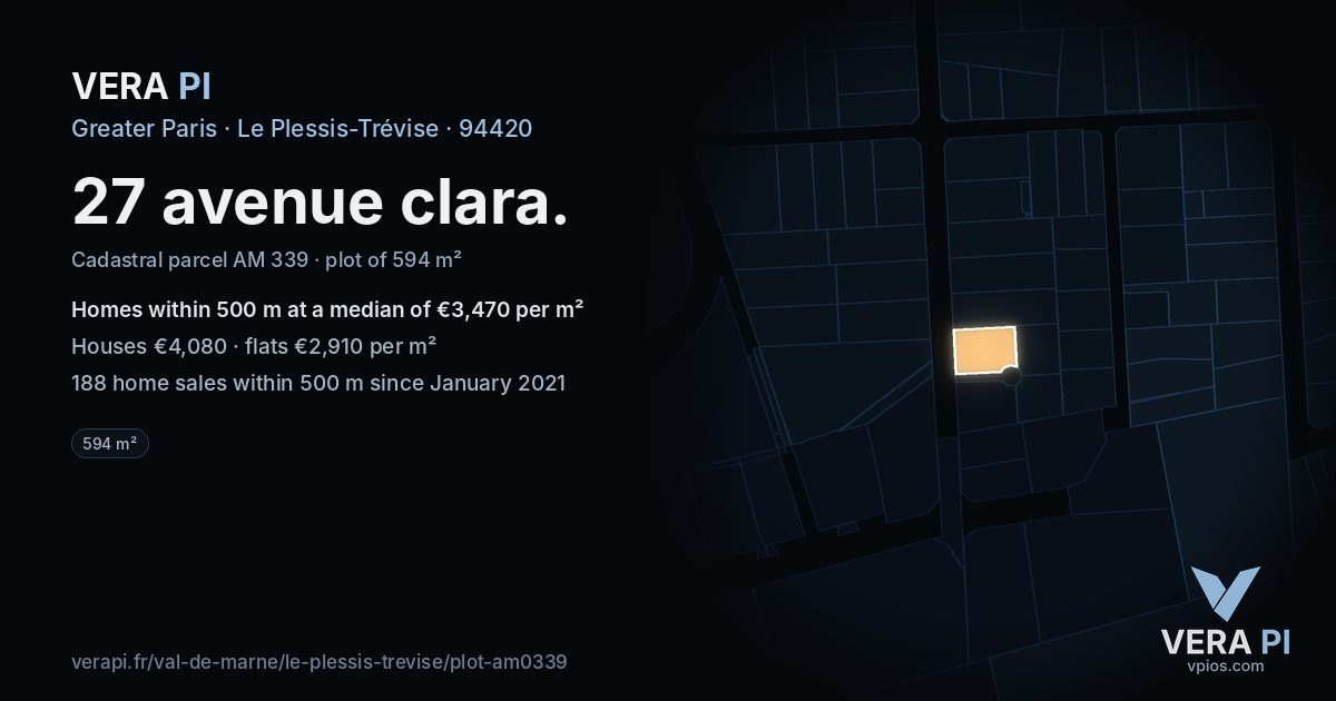 27 avenue clara, Le Plessis-Trévise at night – the plot lit, the parcels around coloured by the prices near them