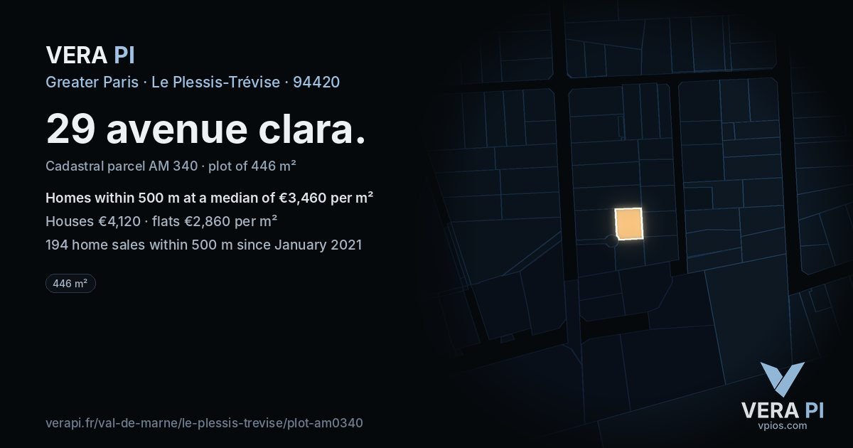 29 avenue clara, Le Plessis-Trévise at night – the plot lit, the parcels around coloured by the prices near them