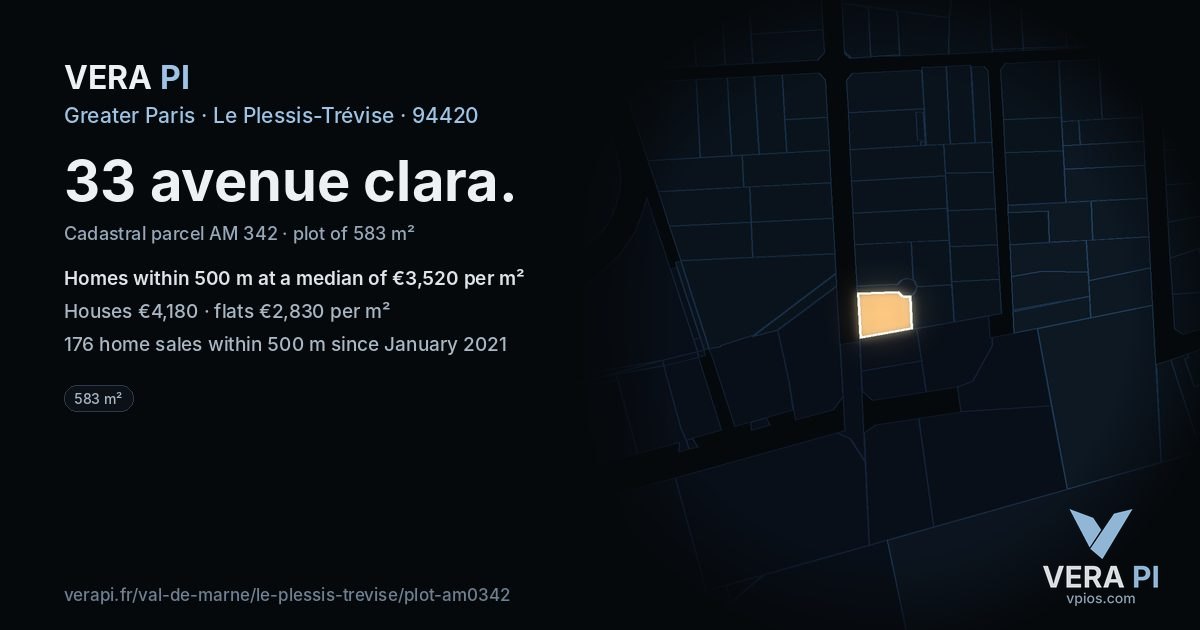 33 avenue clara, Le Plessis-Trévise at night – the plot lit, the parcels around coloured by the prices near them