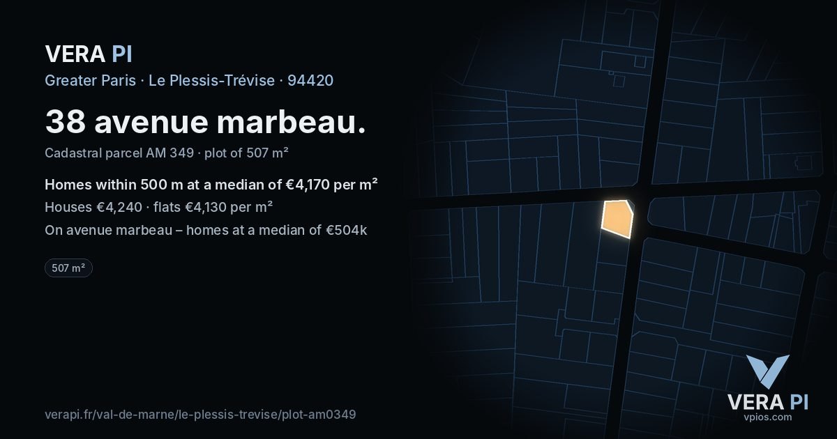 38 avenue marbeau, Le Plessis-Trévise at night – the plot lit, the parcels around coloured by the prices near them