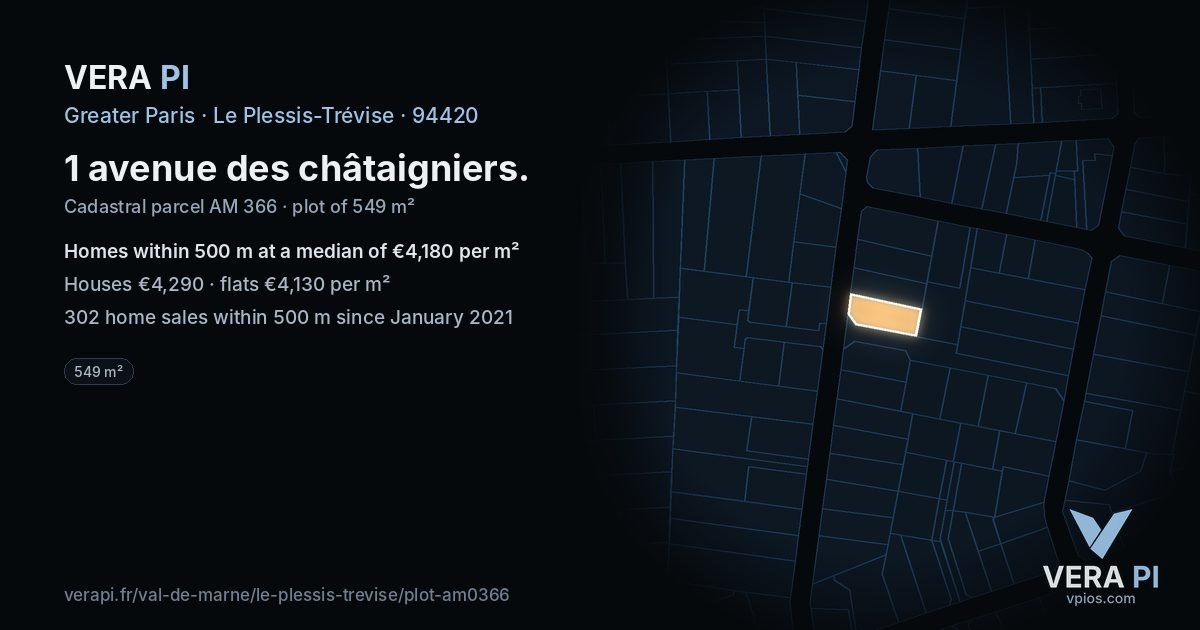 1 avenue des châtaigniers, Le Plessis-Trévise at night – the plot lit, the parcels around coloured by the prices near them