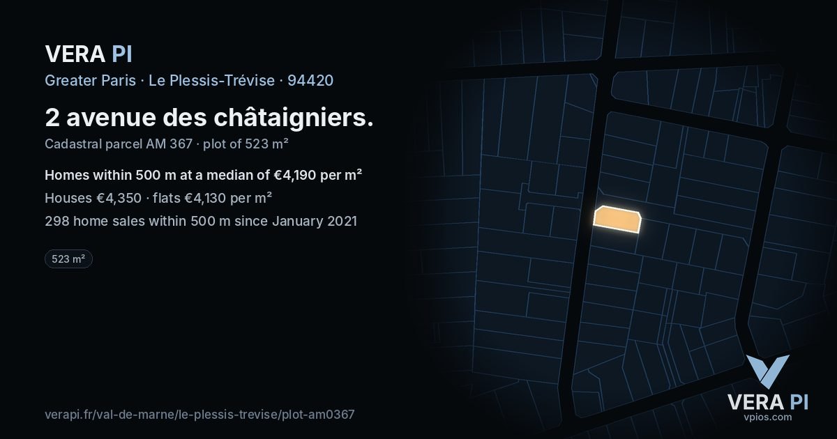 2 avenue des châtaigniers, Le Plessis-Trévise at night – the plot lit, the parcels around coloured by the prices near them