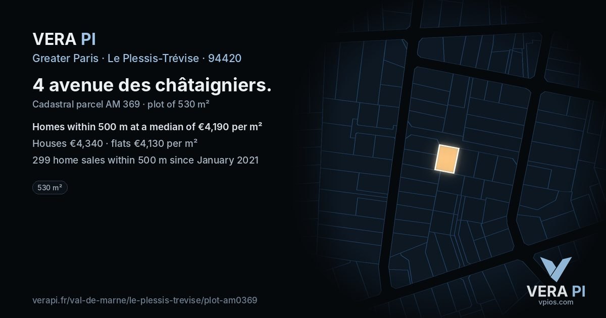 4 avenue des châtaigniers, Le Plessis-Trévise at night – the plot lit, the parcels around coloured by the prices near them