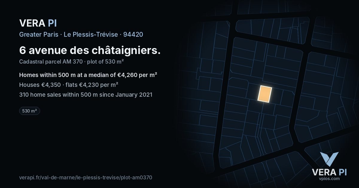 6 avenue des châtaigniers, Le Plessis-Trévise at night – the plot lit, the parcels around coloured by the prices near them