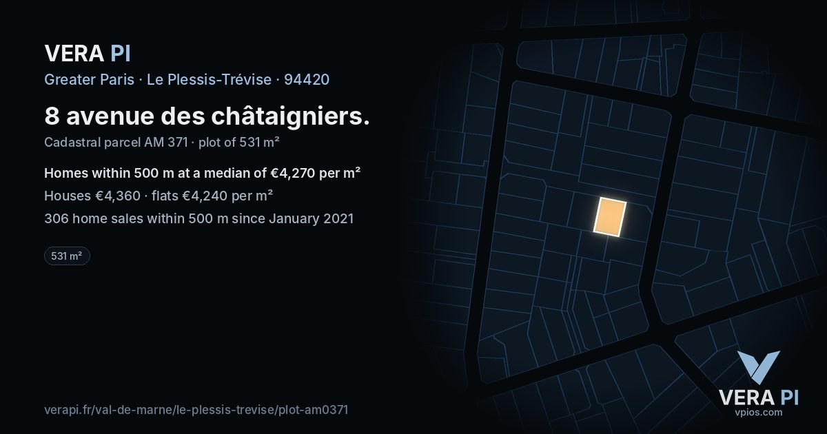 8 avenue des châtaigniers, Le Plessis-Trévise at night – the plot lit, the parcels around coloured by the prices near them