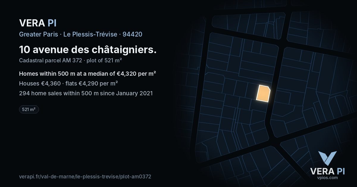 10 avenue des châtaigniers, Le Plessis-Trévise at night – the plot lit, the parcels around coloured by the prices near them