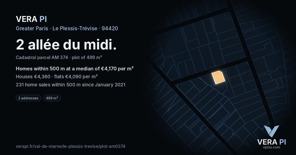 2 allée du midi, Le Plessis-Trévise at night – the plot lit, the parcels around coloured by the prices near them
