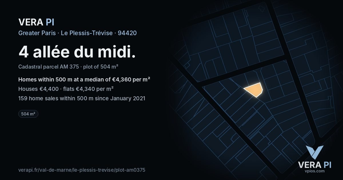 4 allée du midi, Le Plessis-Trévise at night – the plot lit, the parcels around coloured by the prices near them