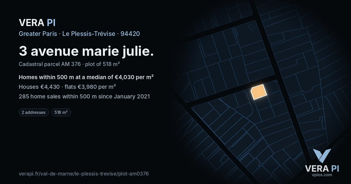 3 avenue marie julie, Le Plessis-Trévise at night – the plot lit, the parcels around coloured by the prices near them