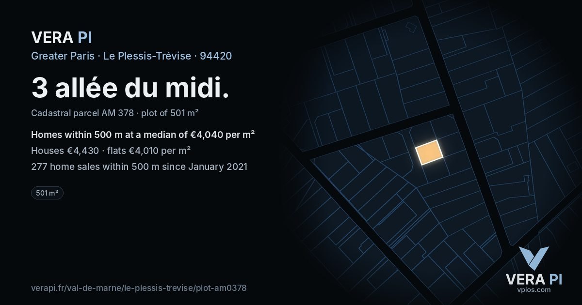 3 allée du midi, Le Plessis-Trévise at night – the plot lit, the parcels around coloured by the prices near them