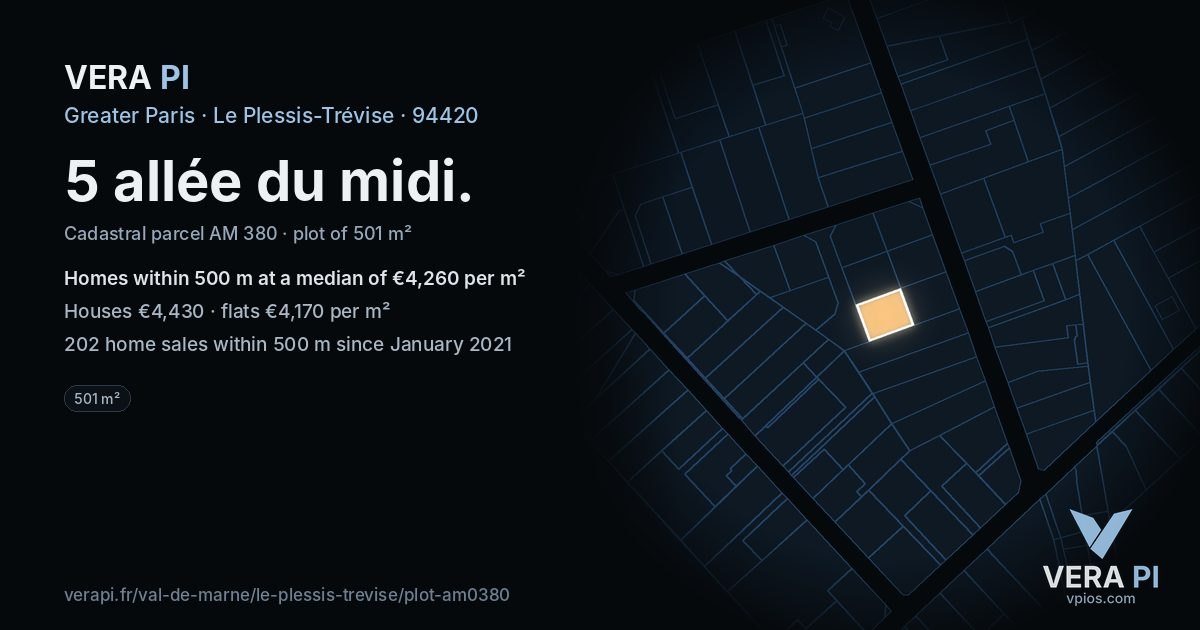 5 allée du midi, Le Plessis-Trévise at night – the plot lit, the parcels around coloured by the prices near them
