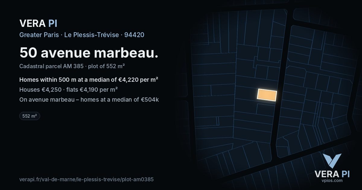 50 avenue marbeau, Le Plessis-Trévise at night – the plot lit, the parcels around coloured by the prices near them