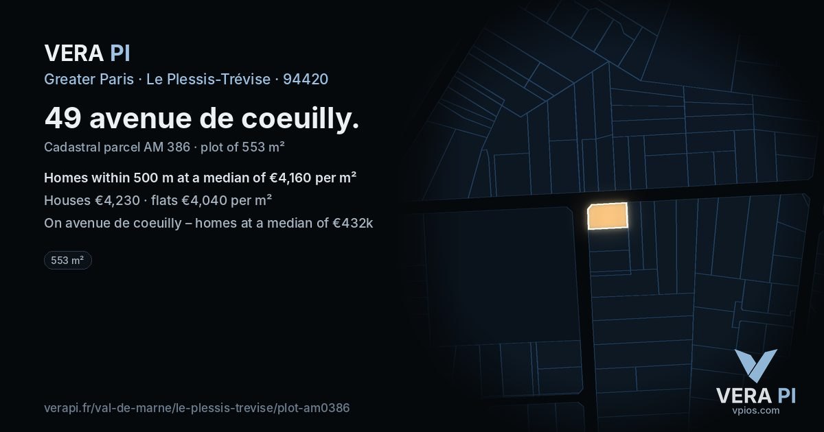 49 avenue de coeuilly, Le Plessis-Trévise at night – the plot lit, the parcels around coloured by the prices near them