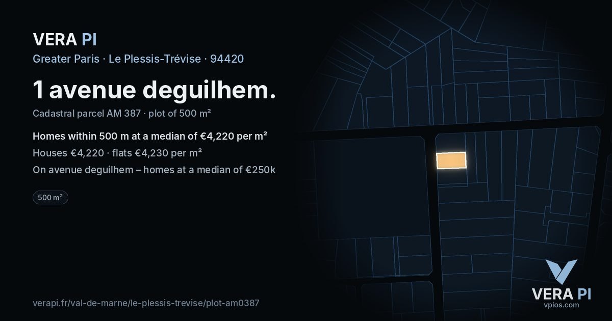 1 avenue deguilhem, Le Plessis-Trévise at night – the plot lit, the parcels around coloured by the prices near them