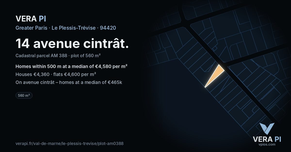 14 avenue cintrât, Le Plessis-Trévise at night – the plot lit, the parcels around coloured by the prices near them