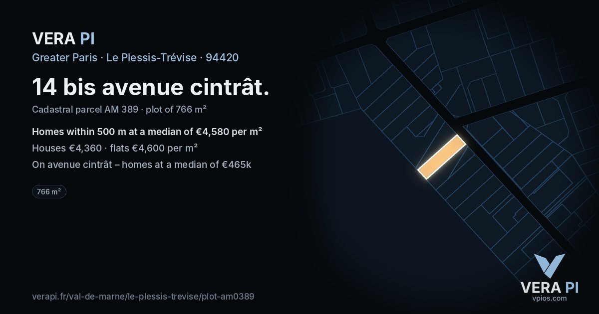 14 bis avenue cintrât, Le Plessis-Trévise at night – the plot lit, the parcels around coloured by the prices near them