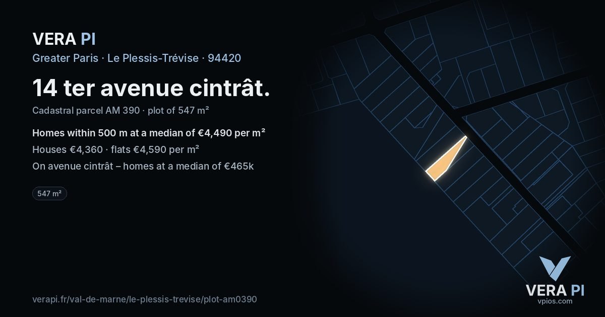14 ter avenue cintrât, Le Plessis-Trévise at night – the plot lit, the parcels around coloured by the prices near them