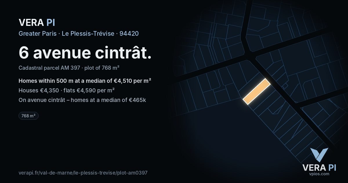 6 avenue cintrât, Le Plessis-Trévise at night – the plot lit, the parcels around coloured by the prices near them