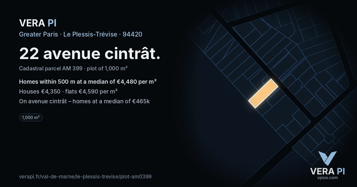 22 avenue cintrât, Le Plessis-Trévise at night – the plot lit, the parcels around coloured by the prices near them