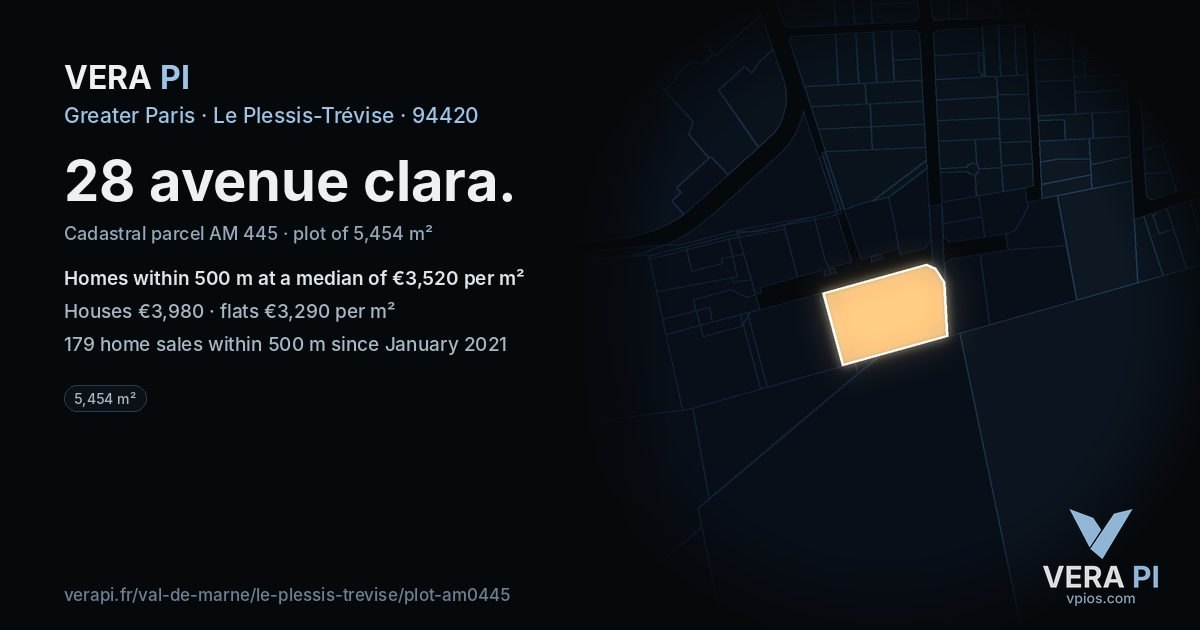 28 avenue clara, Le Plessis-Trévise at night – the plot lit, the parcels around coloured by the prices near them