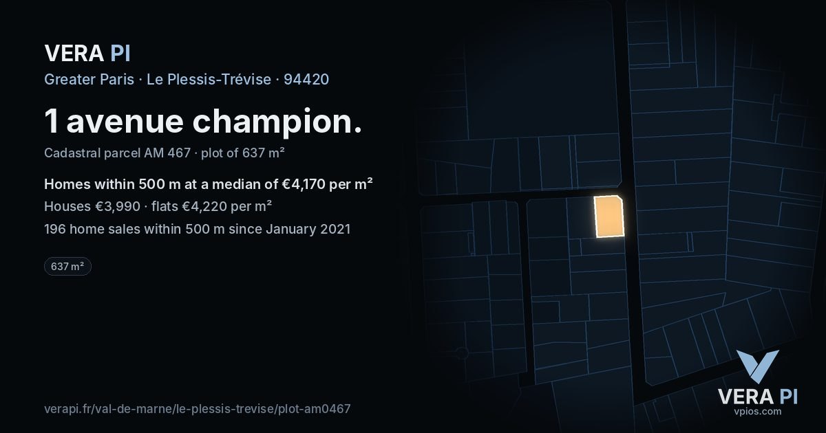 1 avenue champion, Le Plessis-Trévise at night – the plot lit, the parcels around coloured by the prices near them