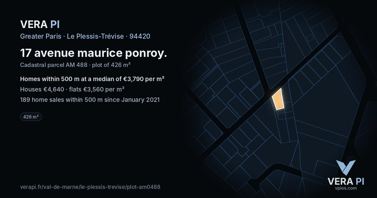 17 avenue maurice ponroy, Le Plessis-Trévise at night – the plot lit, the parcels around coloured by the prices near them