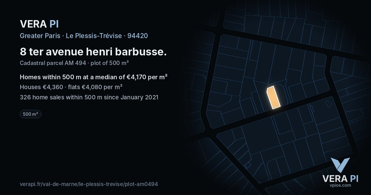 8 ter avenue henri barbusse, Le Plessis-Trévise at night – the plot lit, the parcels around coloured by the prices near them
