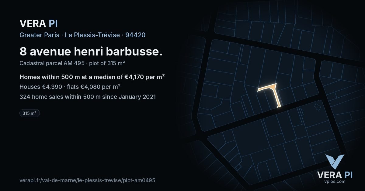 8 avenue henri barbusse, Le Plessis-Trévise at night – the plot lit, the parcels around coloured by the prices near them