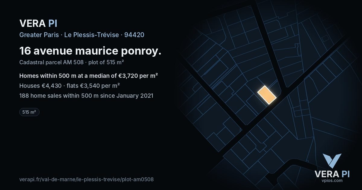 16 avenue maurice ponroy, Le Plessis-Trévise at night – the plot lit, the parcels around coloured by the prices near them