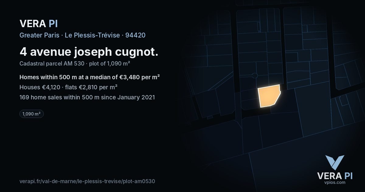 4 avenue joseph cugnot, Le Plessis-Trévise at night – the plot lit, the parcels around coloured by the prices near them