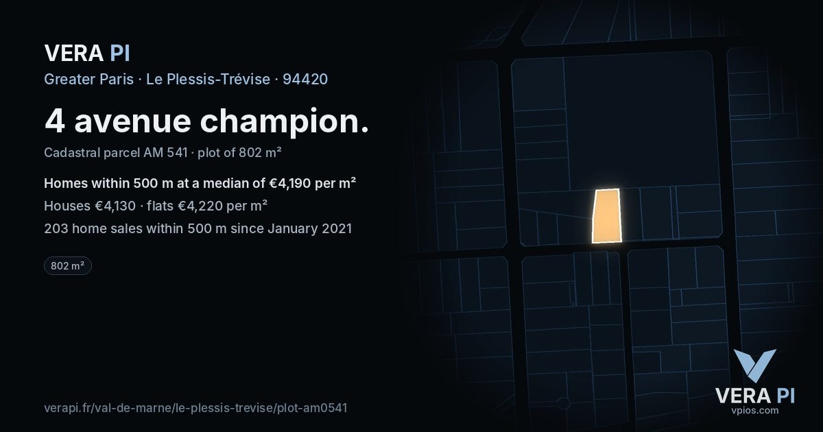 4 avenue champion, Le Plessis-Trévise at night – the plot lit, the parcels around coloured by the prices near them