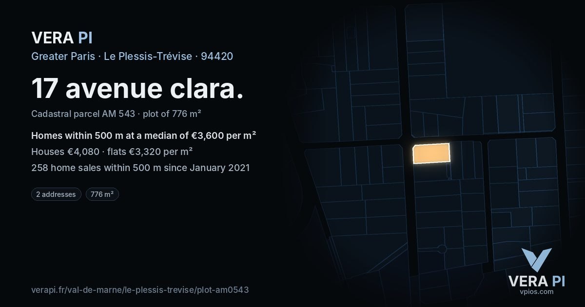 17 avenue clara, Le Plessis-Trévise at night – the plot lit, the parcels around coloured by the prices near them
