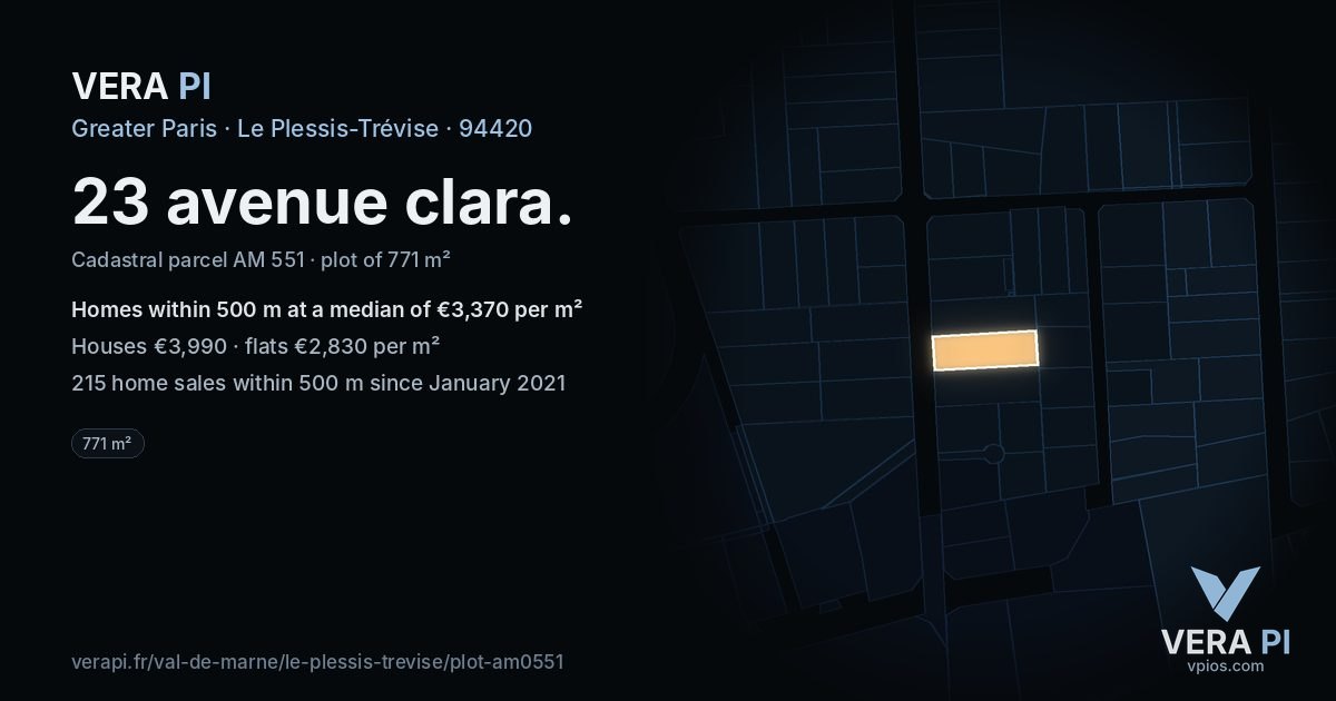 23 avenue clara, Le Plessis-Trévise at night – the plot lit, the parcels around coloured by the prices near them