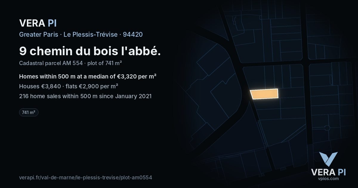 9 chemin du bois l'abbé, Le Plessis-Trévise at night – the plot lit, the parcels around coloured by the prices near them
