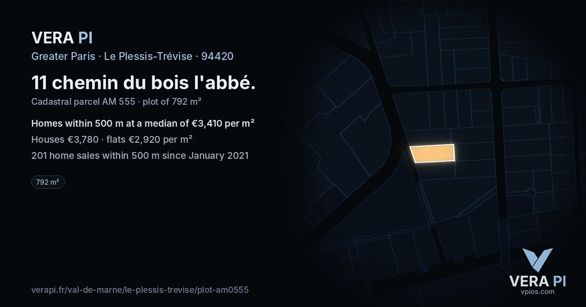 11 chemin du bois l'abbé, Le Plessis-Trévise at night – the plot lit, the parcels around coloured by the prices near them