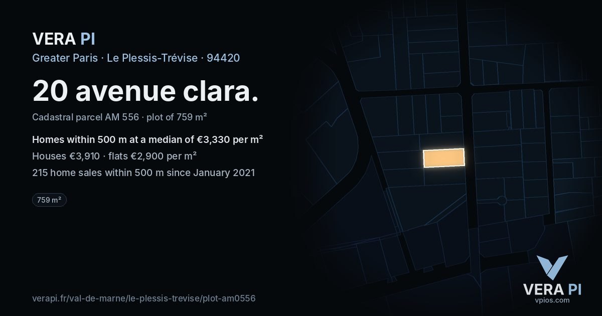20 avenue clara, Le Plessis-Trévise at night – the plot lit, the parcels around coloured by the prices near them
