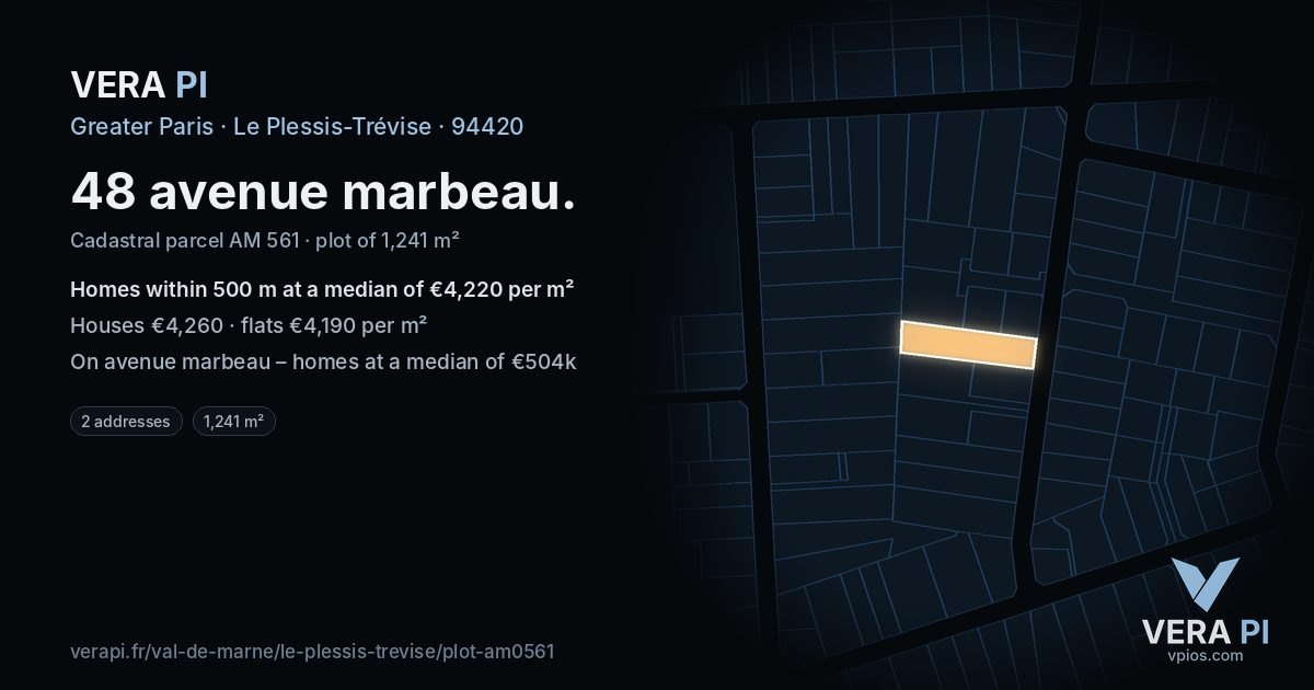 48 avenue marbeau, Le Plessis-Trévise at night – the plot lit, the parcels around coloured by the prices near them