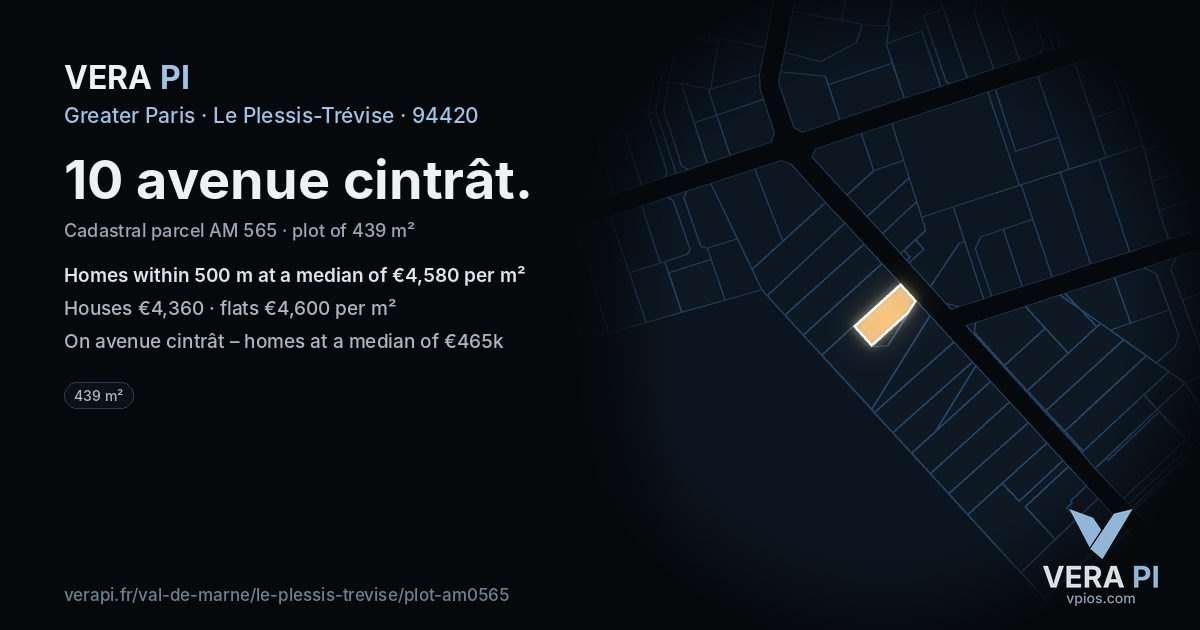 10 avenue cintrât, Le Plessis-Trévise at night – the plot lit, the parcels around coloured by the prices near them