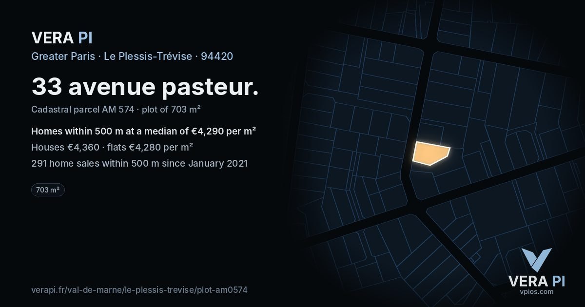 33 avenue pasteur, Le Plessis-Trévise at night – the plot lit, the parcels around coloured by the prices near them