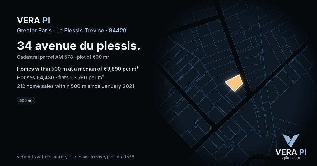 34 avenue du plessis, Le Plessis-Trévise at night – the plot lit, the parcels around coloured by the prices near them