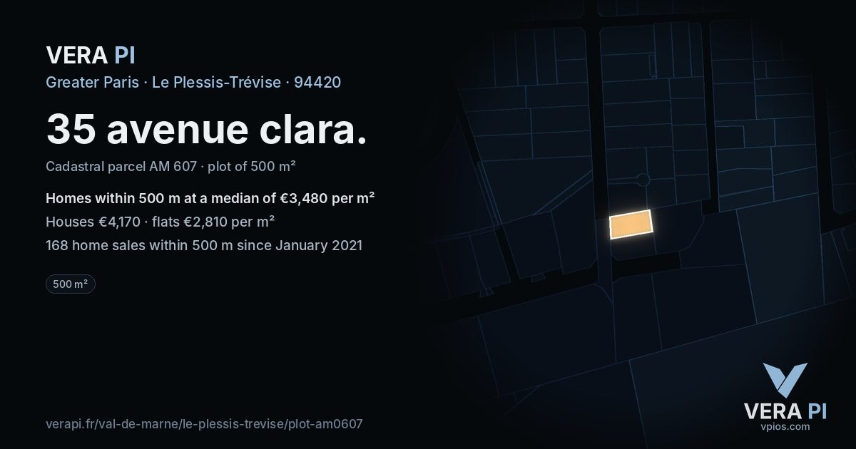 35 avenue clara, Le Plessis-Trévise at night – the plot lit, the parcels around coloured by the prices near them