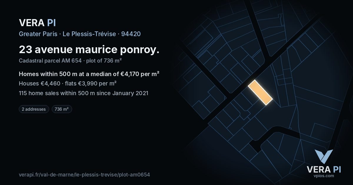 23 avenue maurice ponroy, Le Plessis-Trévise at night – the plot lit, the parcels around coloured by the prices near them