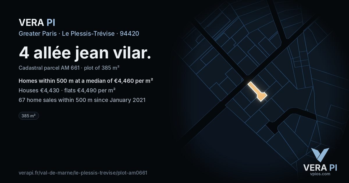4 allée jean vilar, Le Plessis-Trévise at night – the plot lit, the parcels around coloured by the prices near them