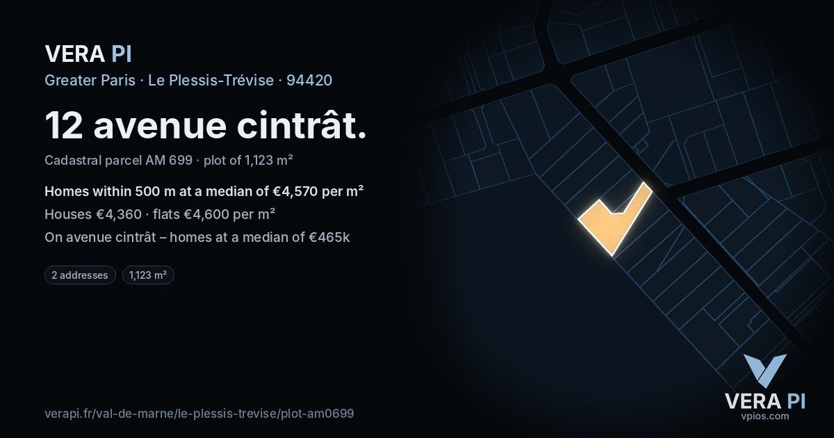 12 avenue cintrât, Le Plessis-Trévise at night – the plot lit, the parcels around coloured by the prices near them
