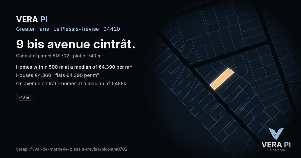 9 bis avenue cintrât, Le Plessis-Trévise at night – the plot lit, the parcels around coloured by the prices near them